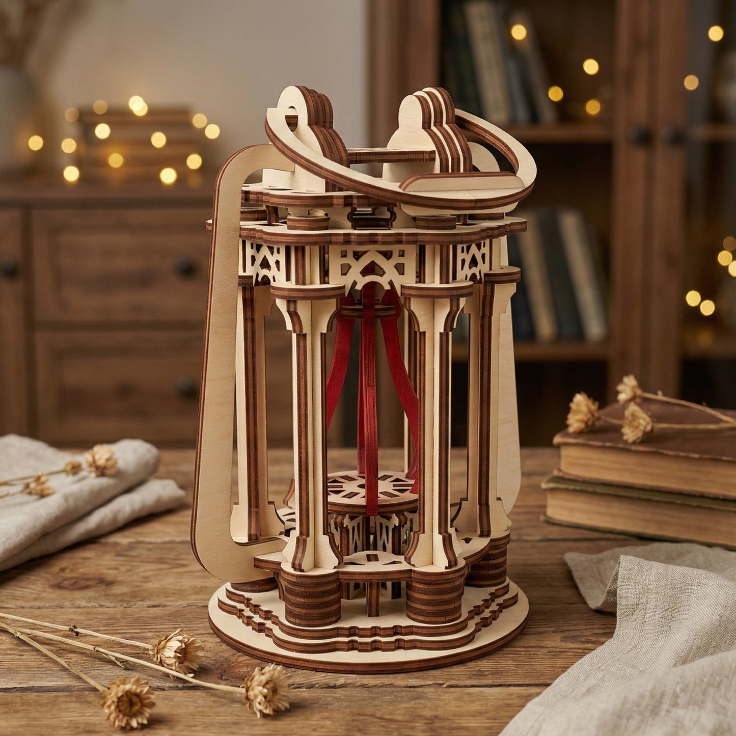 Wooden laser cut Lantern with intricate column supports, curved tracks, and a central red ribbon element, displayed against a cozy bookshelf background with warm fairy lights.