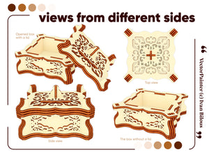 View of laser cut box design from different sides. Patterned walls and opening lid with a handle