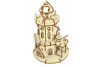 High-angle rendering of a laser cut plywood astronomical tower model, showcasing the top sphere and balconies.