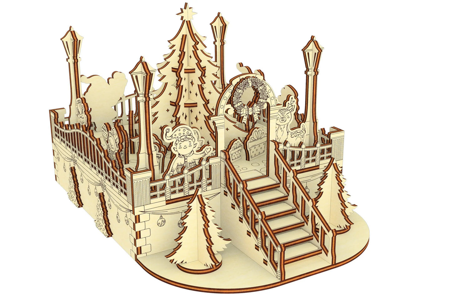 Isometric vector render of a Christmas square scene with elves, trees, and lanterns, made of laser cut plywood.