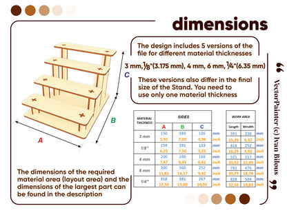 Laser cut miniature stand with multiple tiers for showcasing - Dimensions
