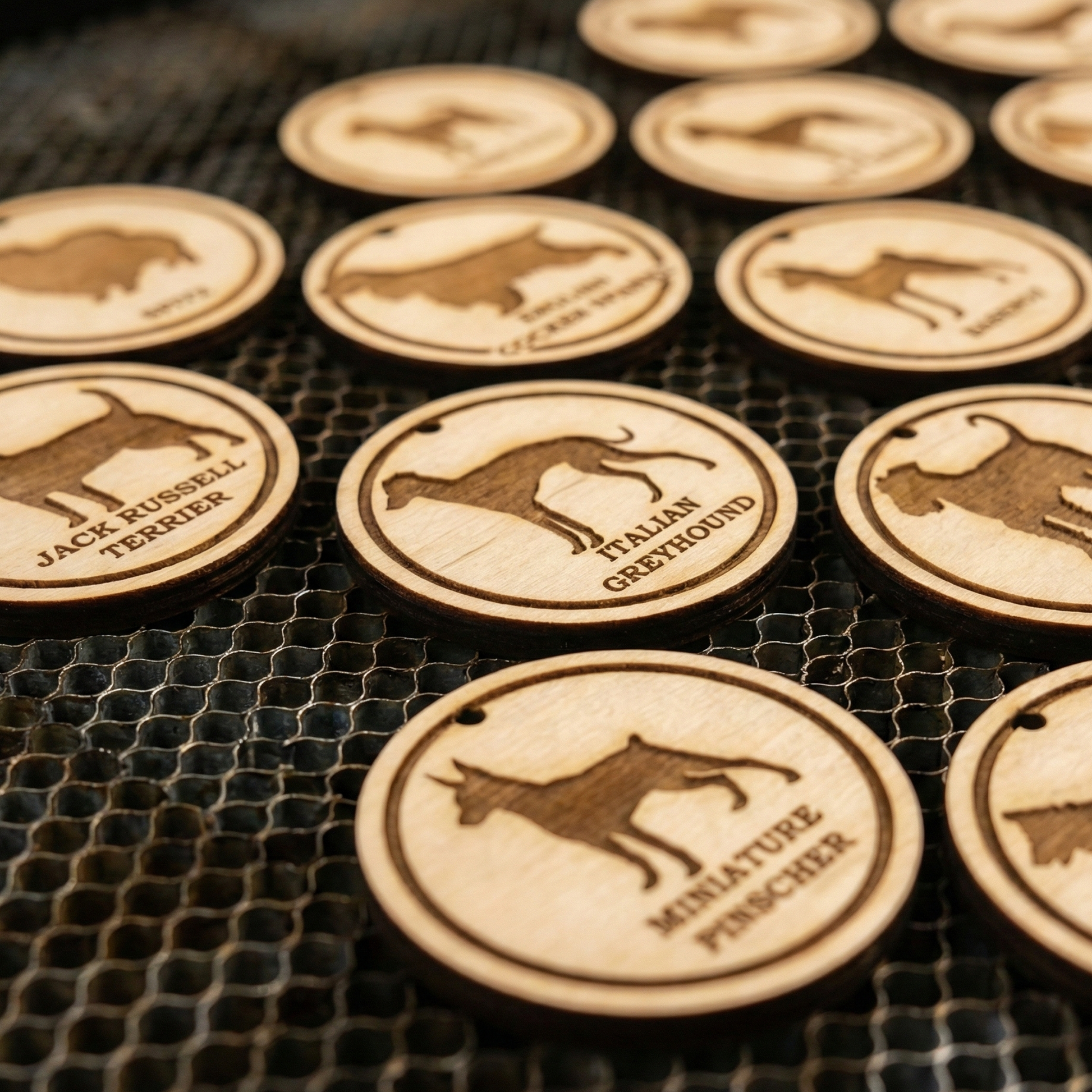 Wooden coasters with dog breeds engraved on them arranged on a dark surface.