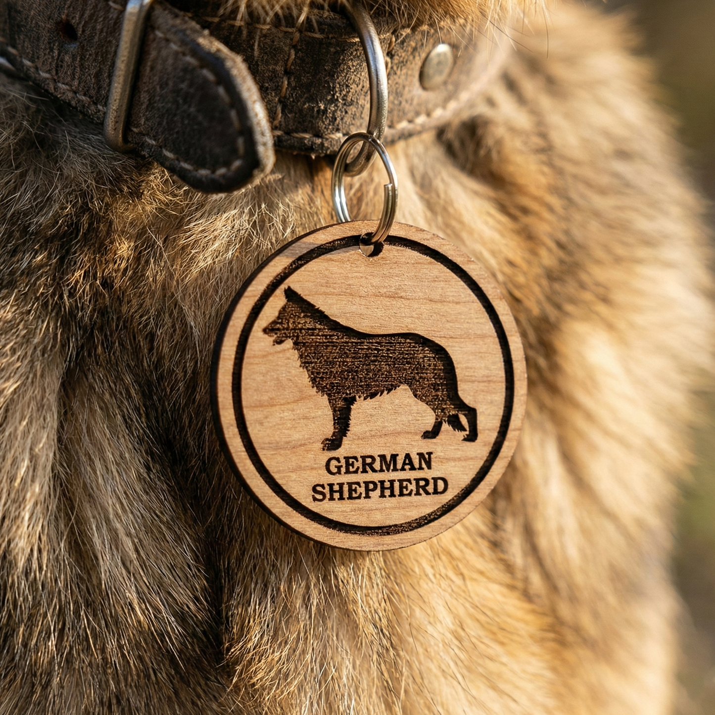Wooden pet laser cut tag with German Shepherd engraving on a fur background
