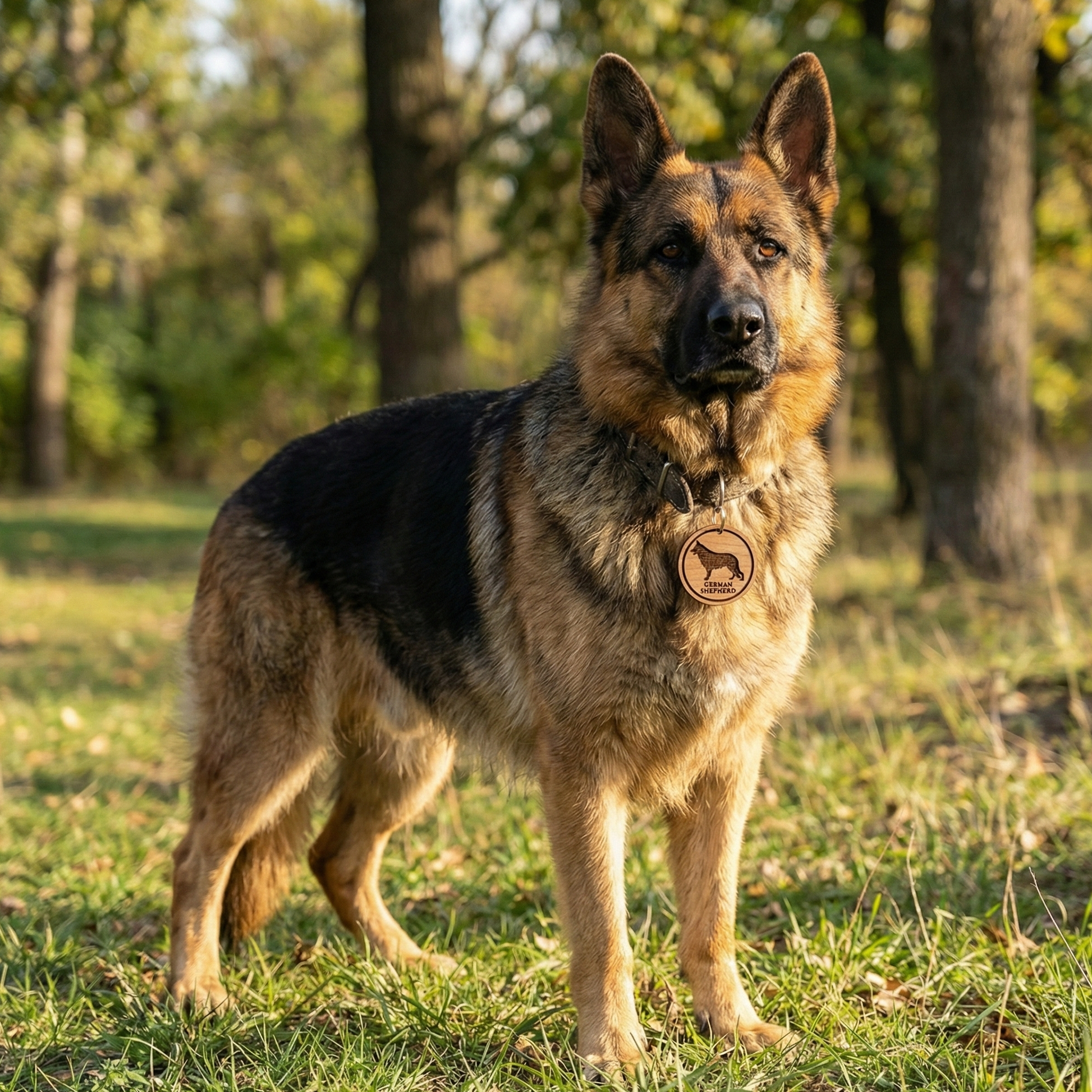German Shepherd standing in a grassy field with trees in the background with laser cut tag