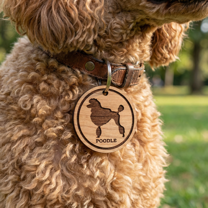 Dog wearing a collar with a wooden laser cut tag featuring a poodle illustration and the word 'Poodle'.