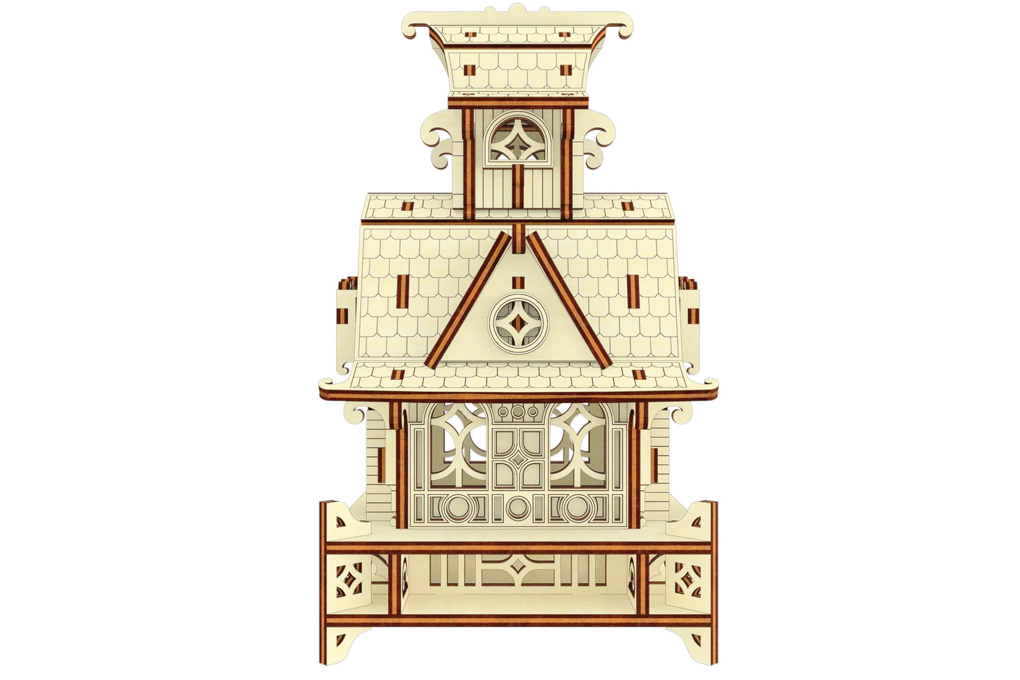 Flat architectural front elevation chart of the fairy home model kit, designed with slotted laser cut plywood panels.