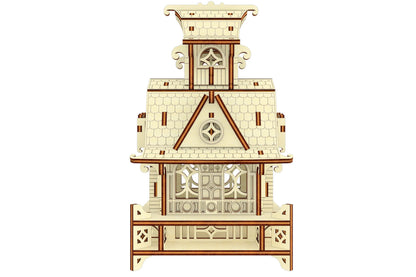 Flat architectural front elevation chart of the fairy home model kit, designed with slotted laser cut plywood panels.