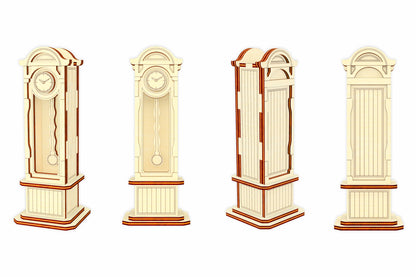 Laser cut Pendulum Clock cabinet design made from plywood with intricate details and a moving pendulum, available as a ready-made project with laser files in SVG, DXF, and CDR formats for easy customization and assembly.