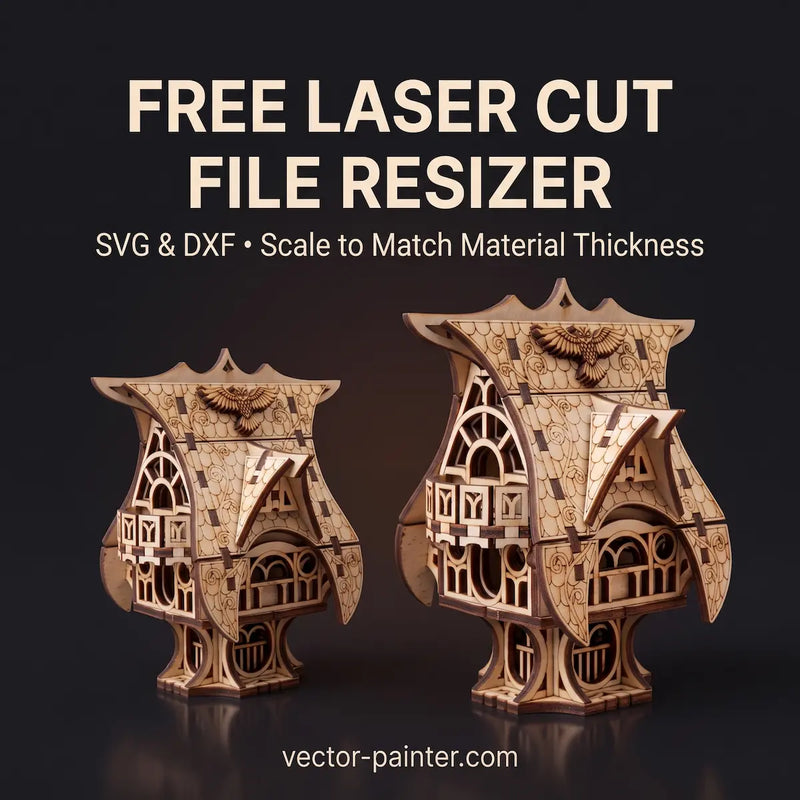 Wooden laser cut house shown at two sizes in the Free Laser Cut File Resizer