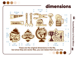Dimensions of Father Day keychains Laser Cut Design, with measurements for each individual design