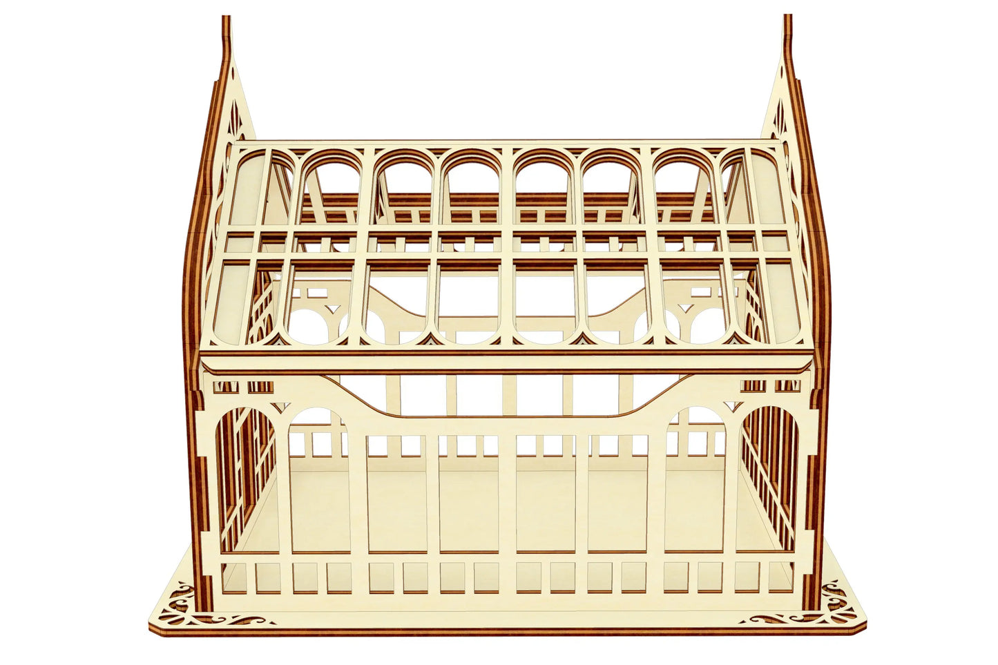 Side elevation view of a miniature Victorian greenhouse model constructed from light laser cut plywood over white.