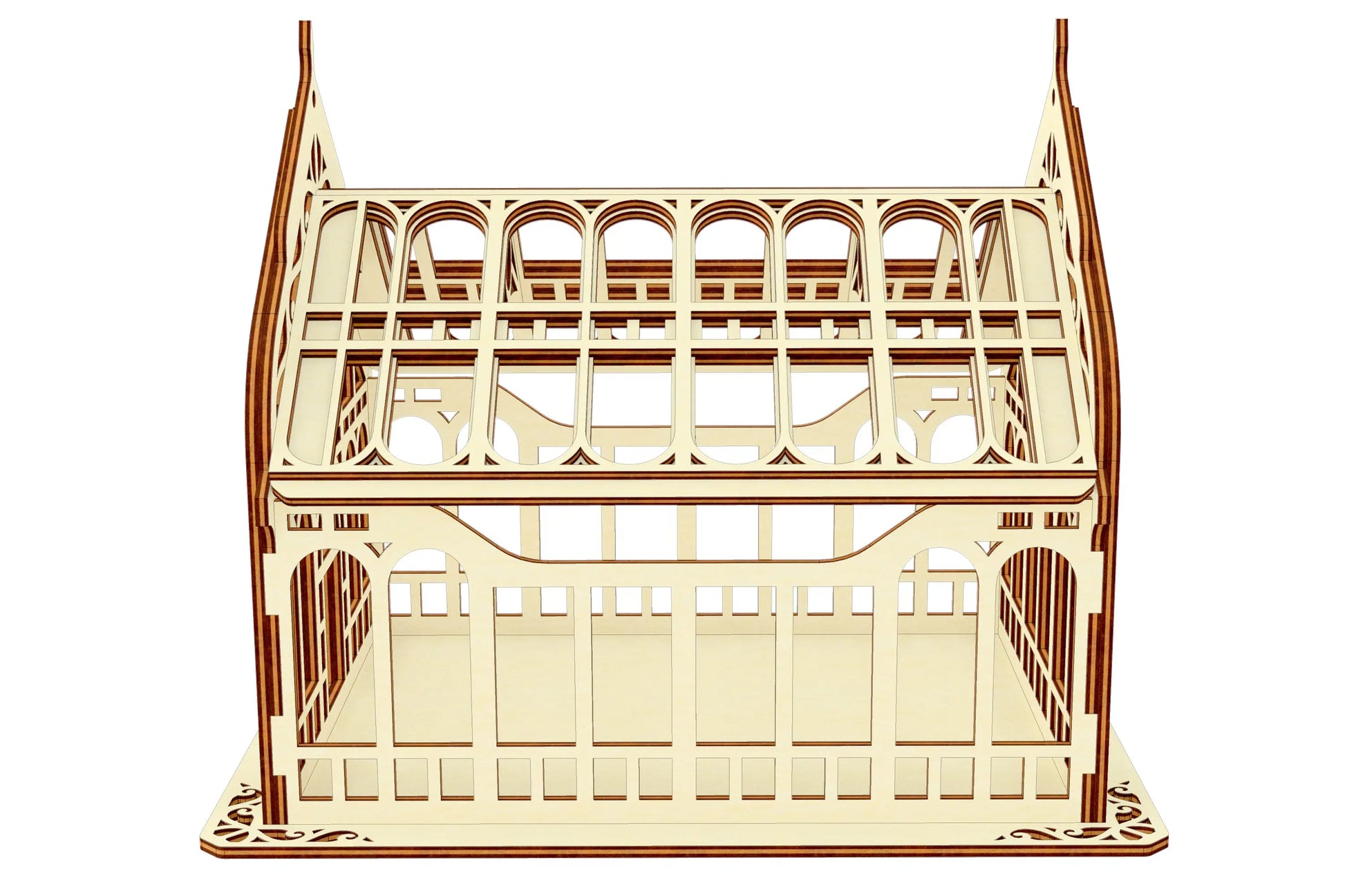Side elevation view of a miniature Victorian greenhouse model constructed from light laser cut plywood over white.