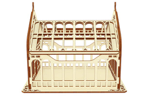 Laser cut template of greenhouse with arched roof and decorative edges, made from sturdy plywood material - side view