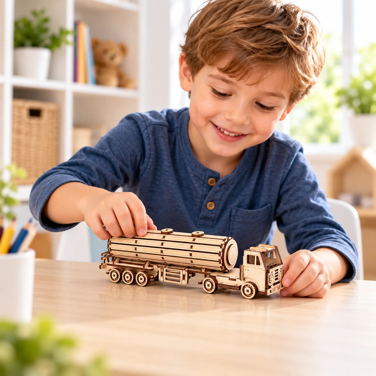 A young boy with brown hair wearing a blue henley shirt smiles while playing with a wooden laser-cut tanker truck toy on a light wood table.