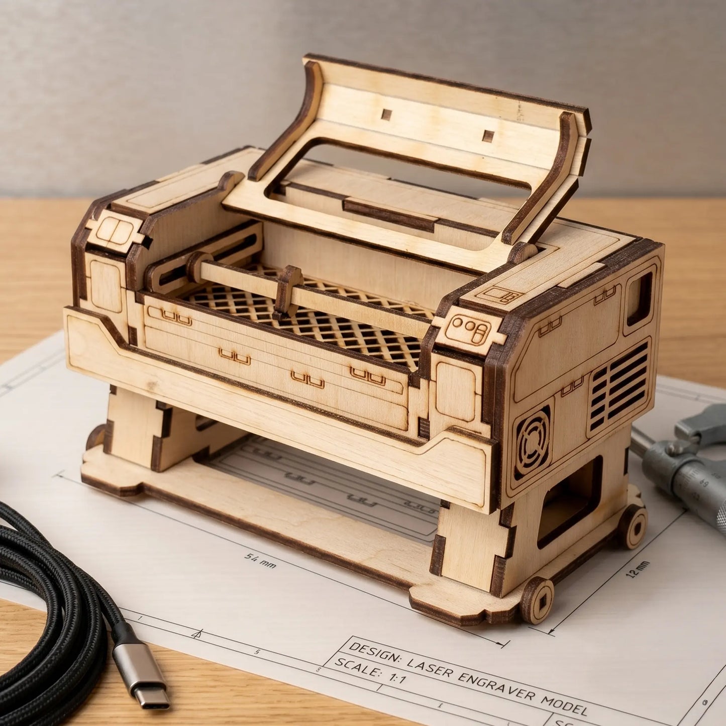 Wooden laser cutter model on a table with blueprints