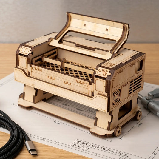 Wooden laser cutter model on a table with blueprints