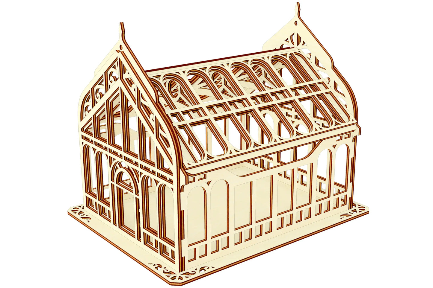 High angle view render of a complete miniature Victorian house container made from polished laser cut plywood lines.