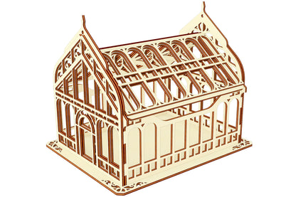 High angle view render of a complete miniature Victorian house container made from polished laser cut plywood lines.