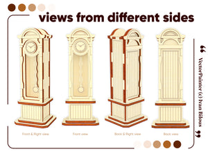 The intricate details of the laser cut Pendulum Clock cabinet from different angles. The cabinet is designed to be a miniature replica of a traditional pendulum clock, making it an excellent addition to your dollhouse furniture collection.