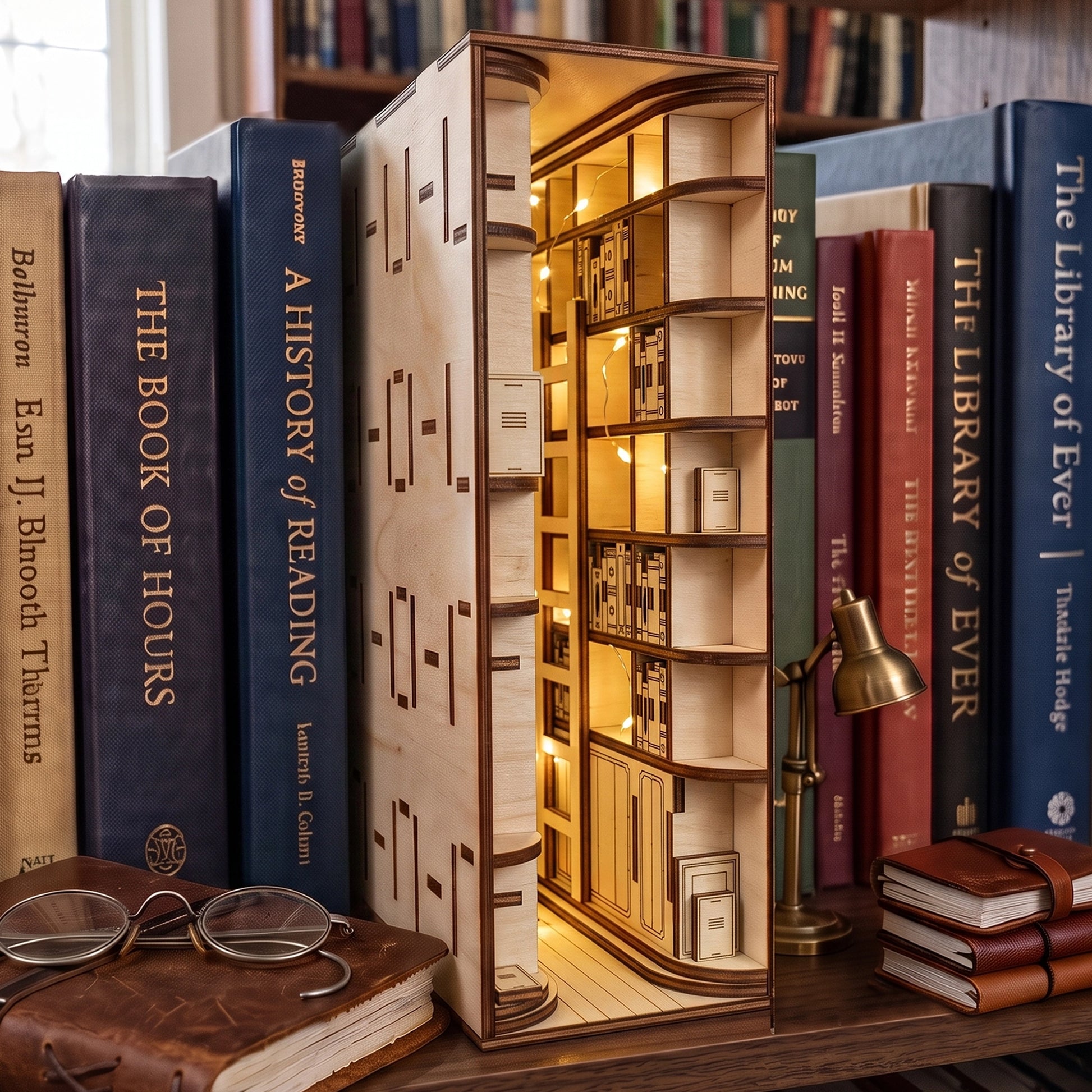 Lit laser-cut birch plywood library book nook styled on a shelf with books, glasses, and warm lights on natural wood
