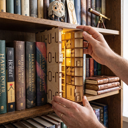 Hands inserting a laser-cut birch plywood library book nook into a bookshelf, showcasing light wood and dark burnt edges