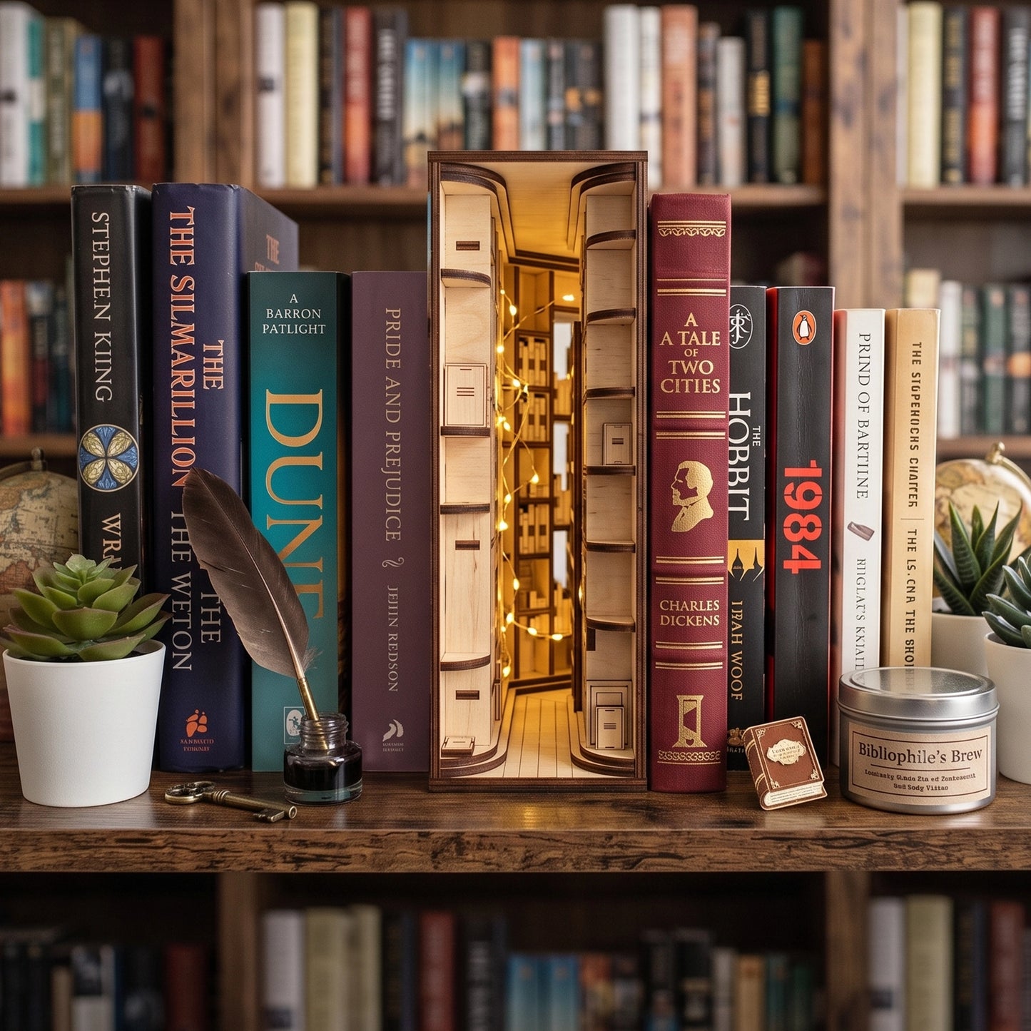 Laser-cut birch plywood library book nook on shelf between books, glowing with internal lights and natural wood grain