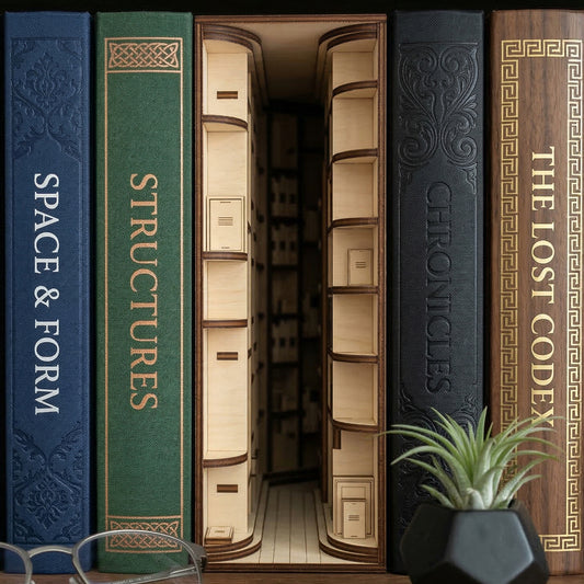 Detailed laser cut wooden Library Book Nook creating an illusion of an endless miniature hallway, set against a classic bookshelf background.