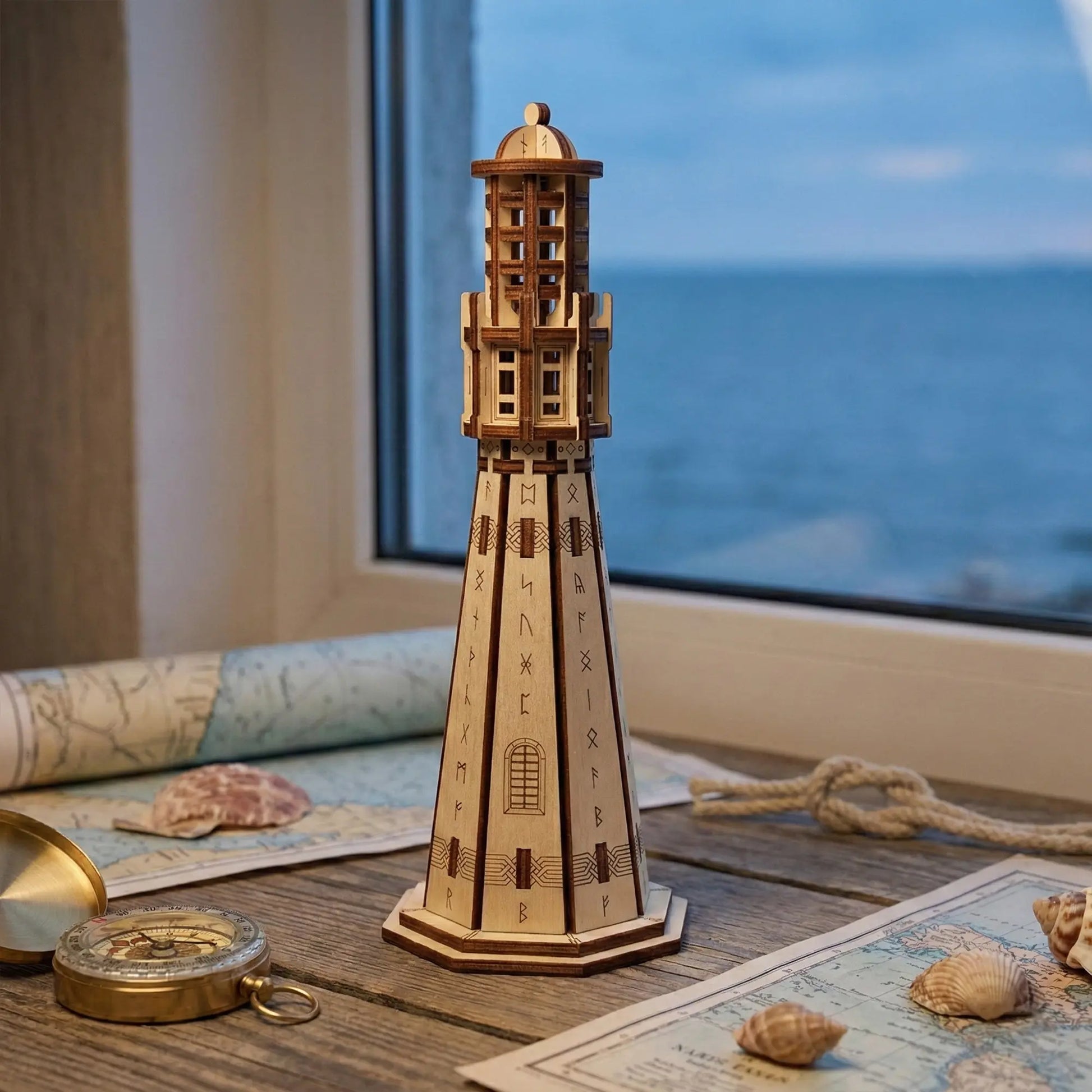 Laser cut plywood runic lighthouse on a wooden windowsill next to a vintage brass compass and marine sea maps.