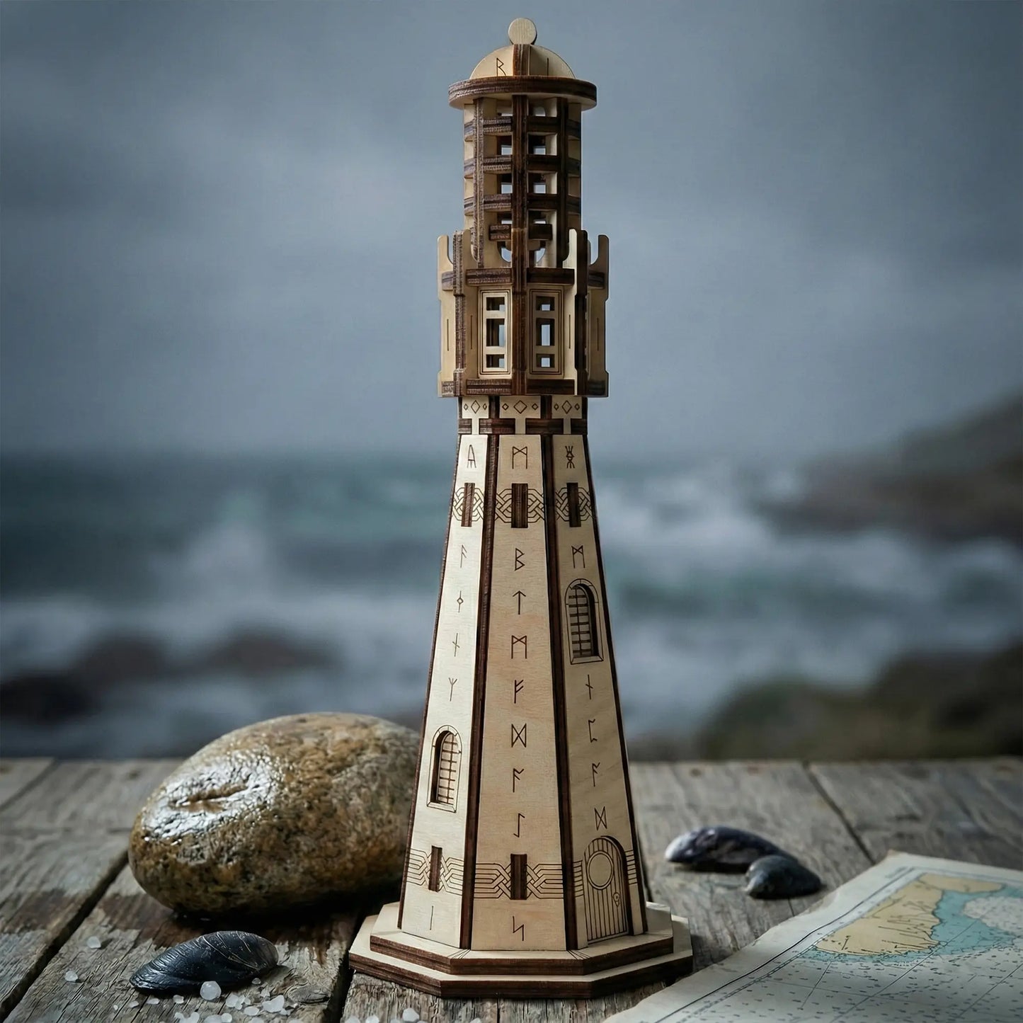 Miniature runic laser cut plywood lighthouse staged outdoors on a weathered pier with a stormy sea background.