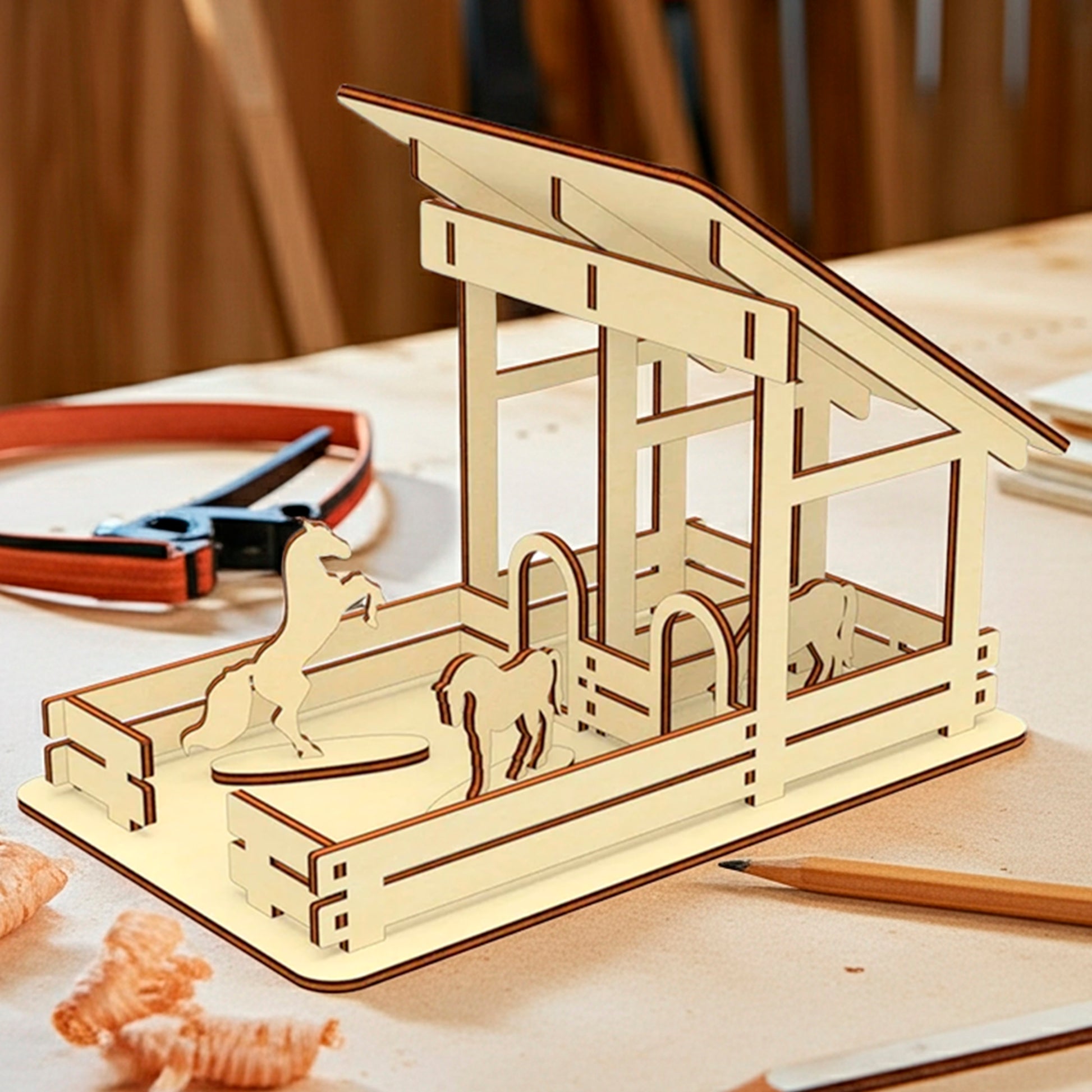 Laser cut  plywood wooden miniature horse stable with two stalls and horse silhouettes, placed on a light workbench surrounded by wood shavings, pencils, and crafting tools in a sunny workshop