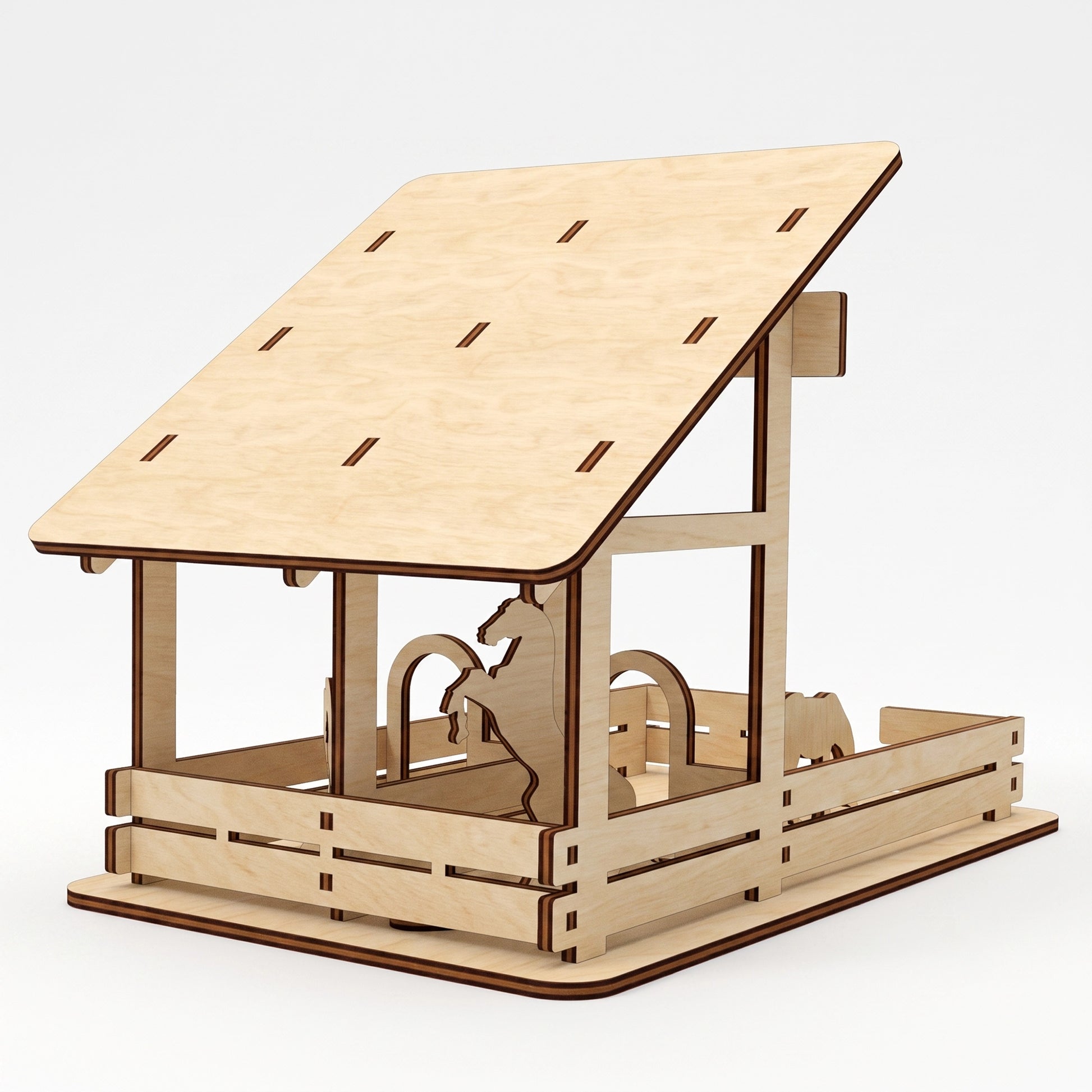 Front-facing studio view of a laser-cut birch plywood little barn model with stalls and dark burnt laser edges