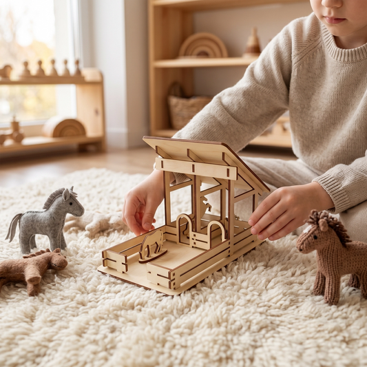 A child playing with a laser-cut birch plywood little barn toy and knitted horses on a fluffy white rug in a playroom