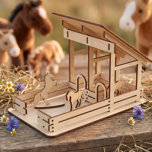 Laser-cut birch plywood little barn on hay with toy horses, flowers, and natural wood grain with dark burnt edges