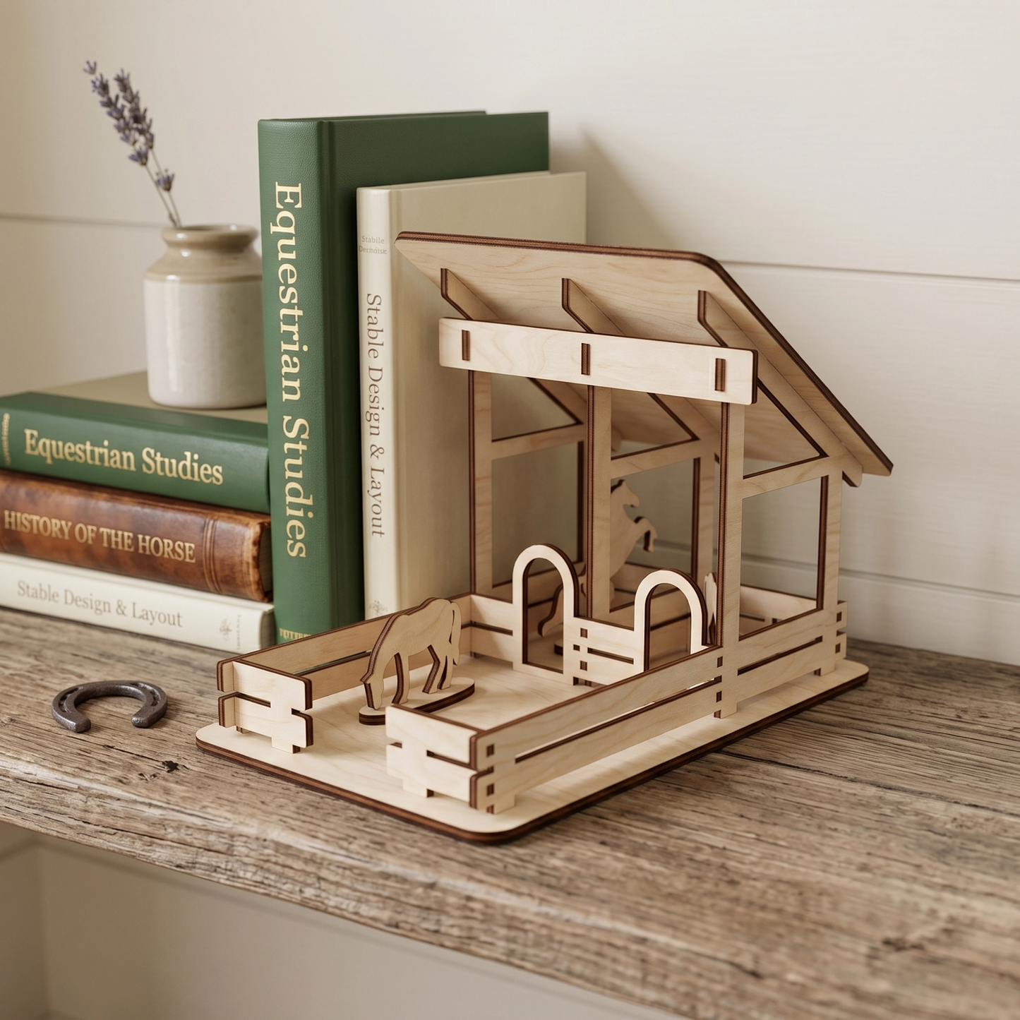 Laser-cut birch plywood little barn model displayed on a wooden shelf next to books, a vase, and a horseshoe