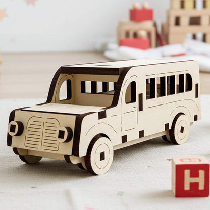 Laser cut wooden  plywood toy bus with dark brown accents, featuring detailed window cutouts and engraved wheels. The 3D puzzle-style bus sits on a light rug in a nursery with wooden building blocks and star wall decals in the blurred background