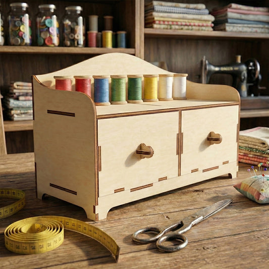 Laser cut plywood miniature sewing cabinet with a curved top shelf holding colorful thread spools.  Large tailoring scissors and a measuring tape in the foreground provide scale.