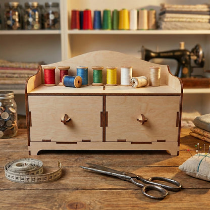 Front-facing view of a laser cut plywood organizer on a wooden workbench. The top shelf displays eight spools of thread. Background features a vintage sewing machine and fabric jars.