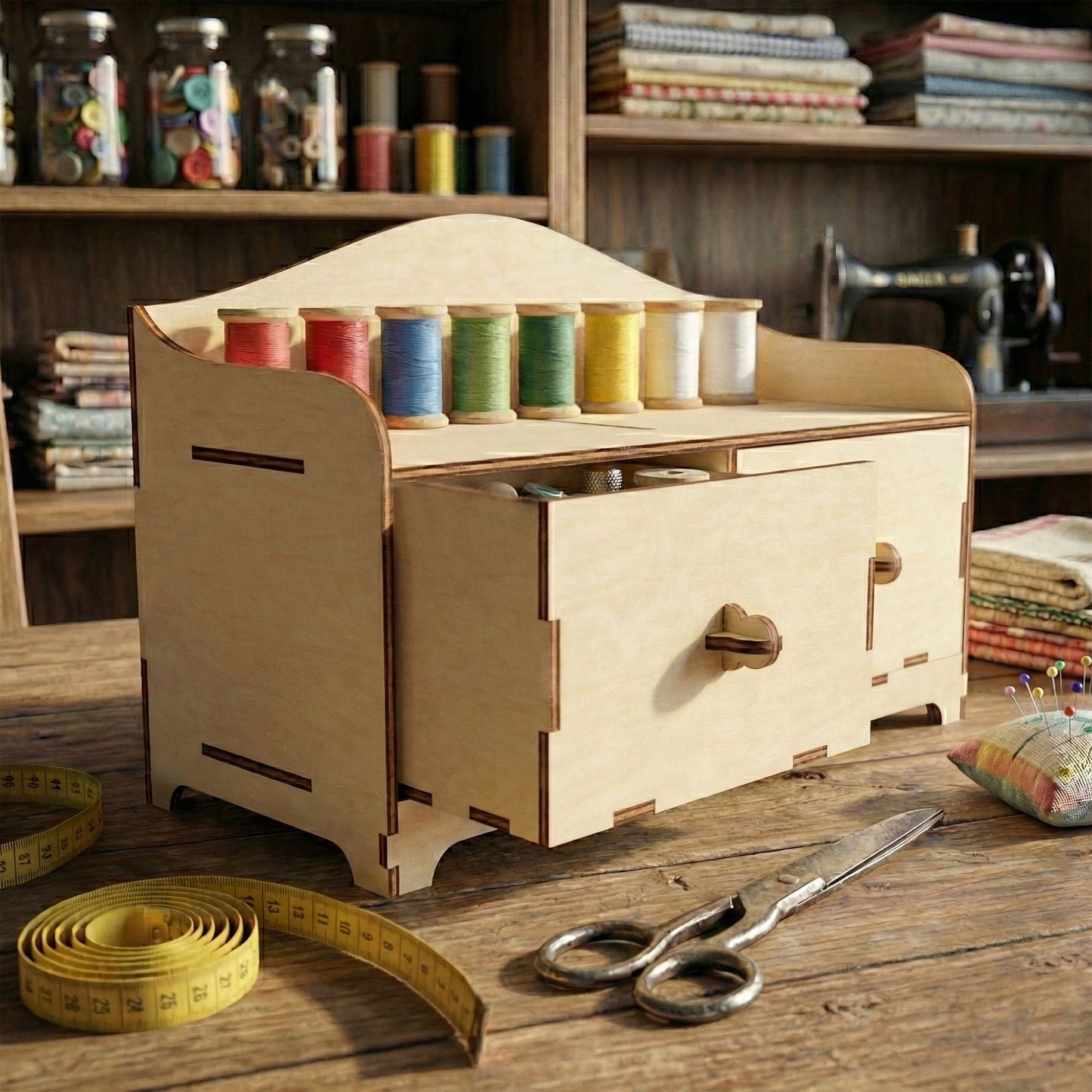 Laser cut plywood miniature sewing cabinet with a curved top shelf holding colorful thread spools. One of the two front case is open, showing fabric scraps inside. Large tailoring scissors and a measuring tape in the foreground provide scale.