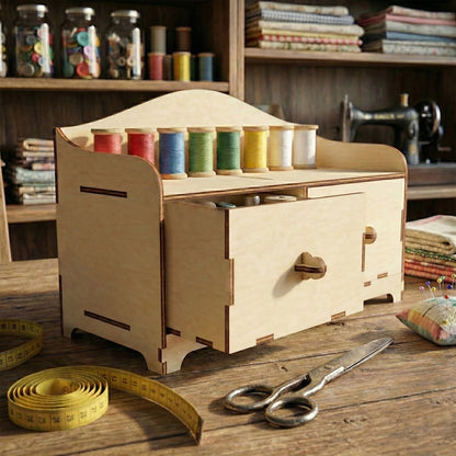Laser cut plywood miniature sewing cabinet with a curved top shelf holding colorful thread spools. One of the two front case is open, showing fabric scraps inside. Large tailoring scissors and a measuring tape in the foreground provide scale.