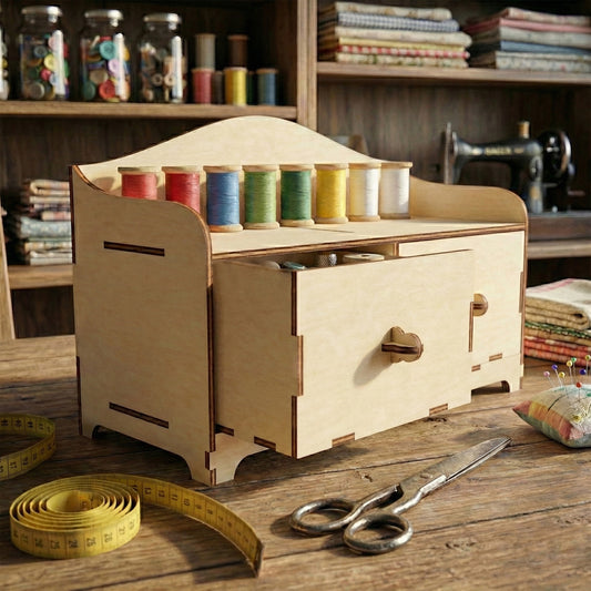 Laser cut plywood miniature sewing cabinet with a curved top shelf holding colorful thread spools. One of the two front case is open, showing fabric scraps inside. Large tailoring scissors and a measuring tape in the foreground provide scale.