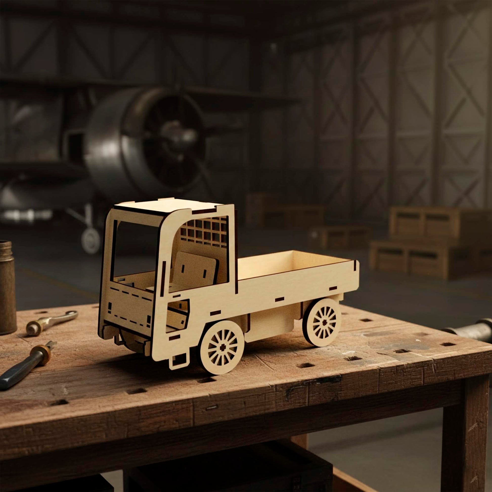 Front-side view of a laser cut wooden  plywod small truck kit. The plywood model sits on a wooden work table with tools, featuring a minimalist cabin and flatbed design. Precision laser-cut details are visible against a hangar interior.