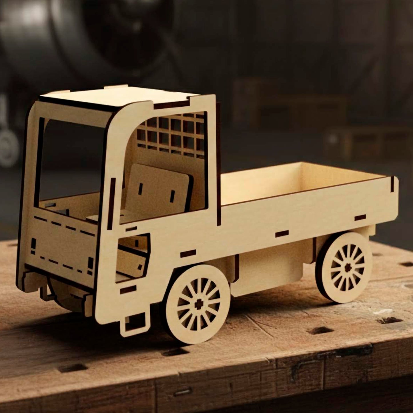 Front-side view of a laser cut wooden  plywod small truck kit. The plywood model sits on a wooden work table with tools, featuring a minimalist cabin and flatbed design. Precision laser-cut details are visible against a hangar interior.