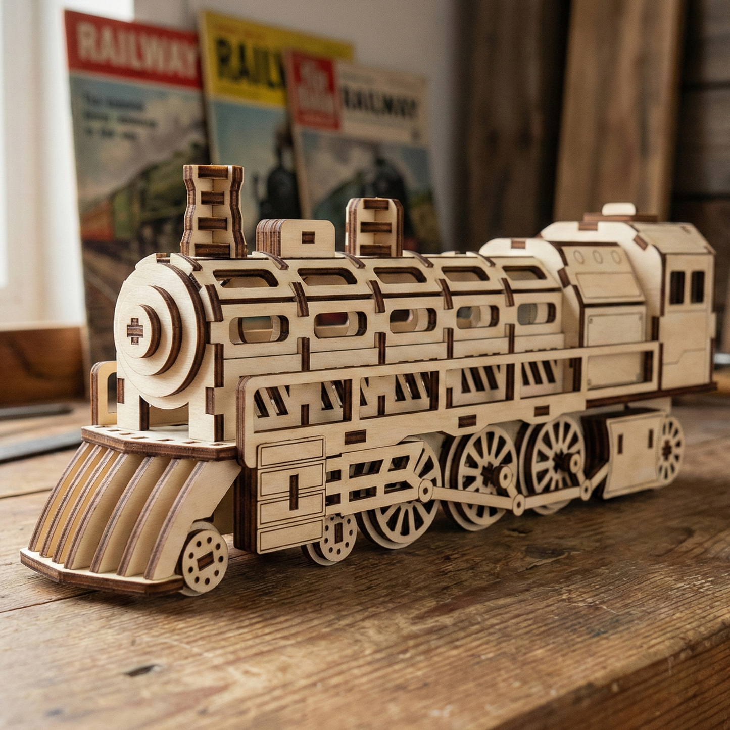 Wooden laser cut model train on a wooden surface with magazines in the background
