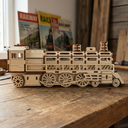 Wooden laser cut model train on a wooden surface with railway-themed magazines in the background
