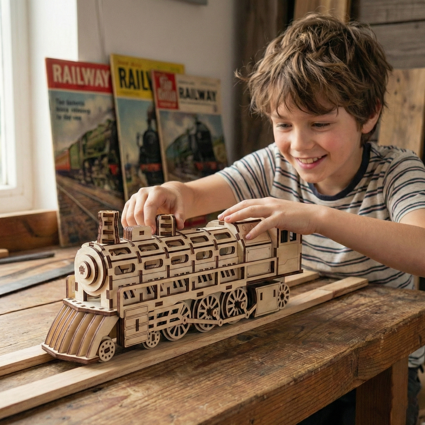 Child playing with a laser cut wooden train model on a wooden table with railway-themed magazines in the background.