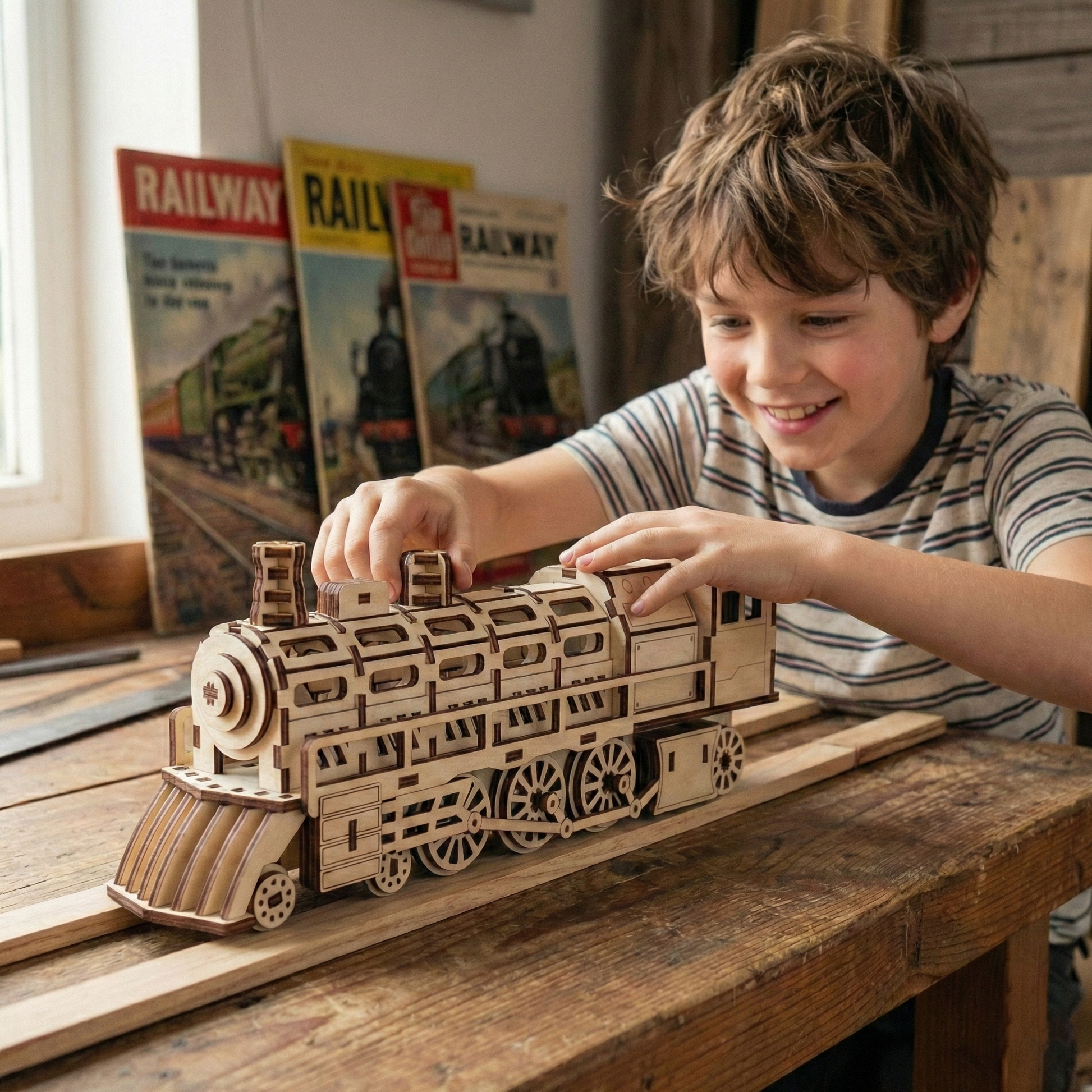 Child playing with a laser cut wooden train model on a wooden table with railway-themed magazines in the background.