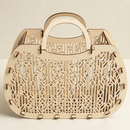 Front view of an empty laser cut plywood tote bag with intricate geometric floral patterns on a white background.