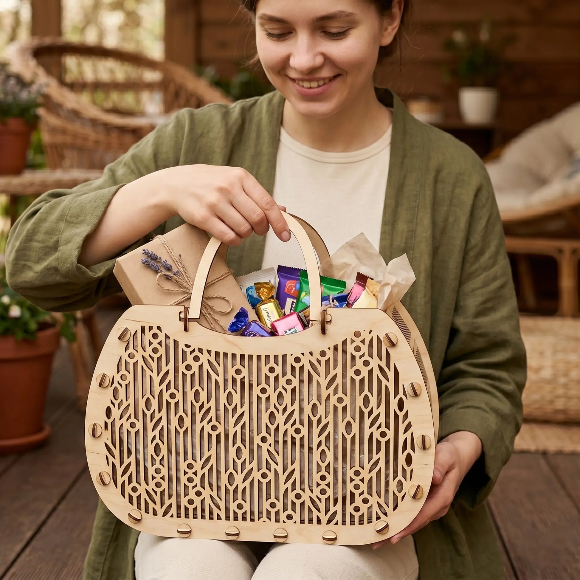 Smiling woman holding a laser cut plywood gift basket packed with sweets, chocolates, and a wrapped kraft present.