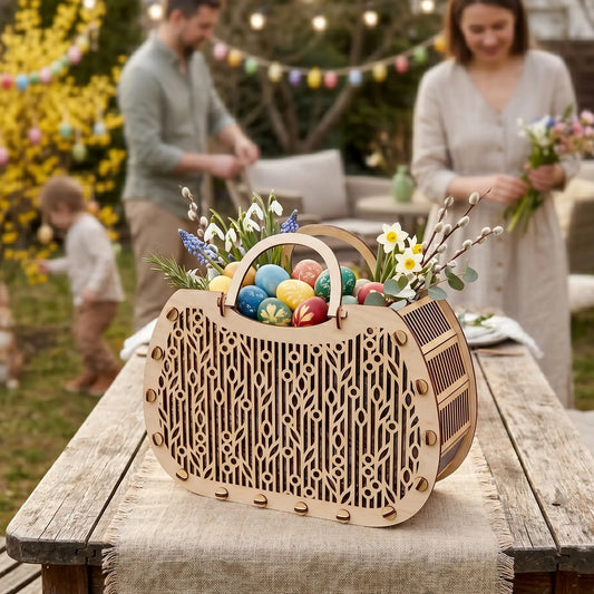 Laser cut plywood Easter basket filled with colorful eggs and spring flowers on a rustic wooden table outdoors.