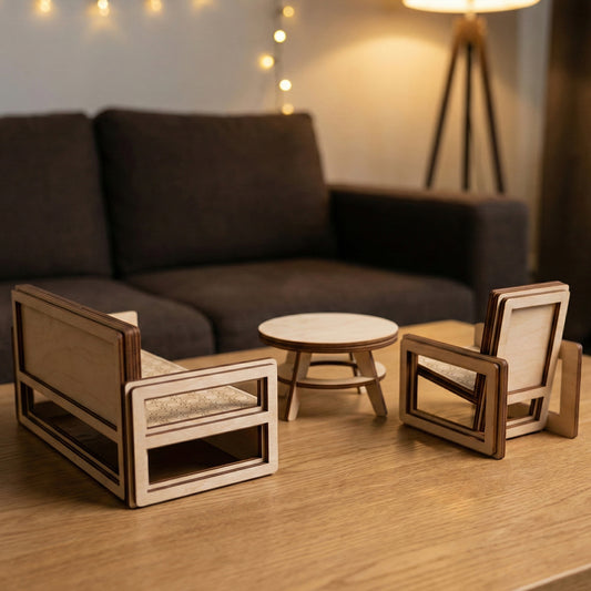 Rear view of the laser cut plywood dollhouse furniture, showing the sturdy interlocking construction of the sofa and armchair. The natural birch wood grain and clean dark edges are visible in a cozy home setting.